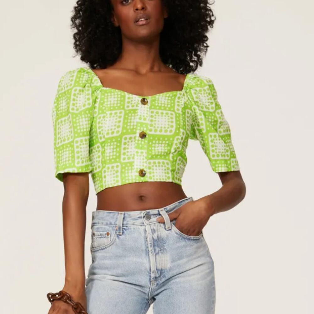 The Odells Patchwork Crop Top LARGE Bright Green Smocked Linen Designer $148